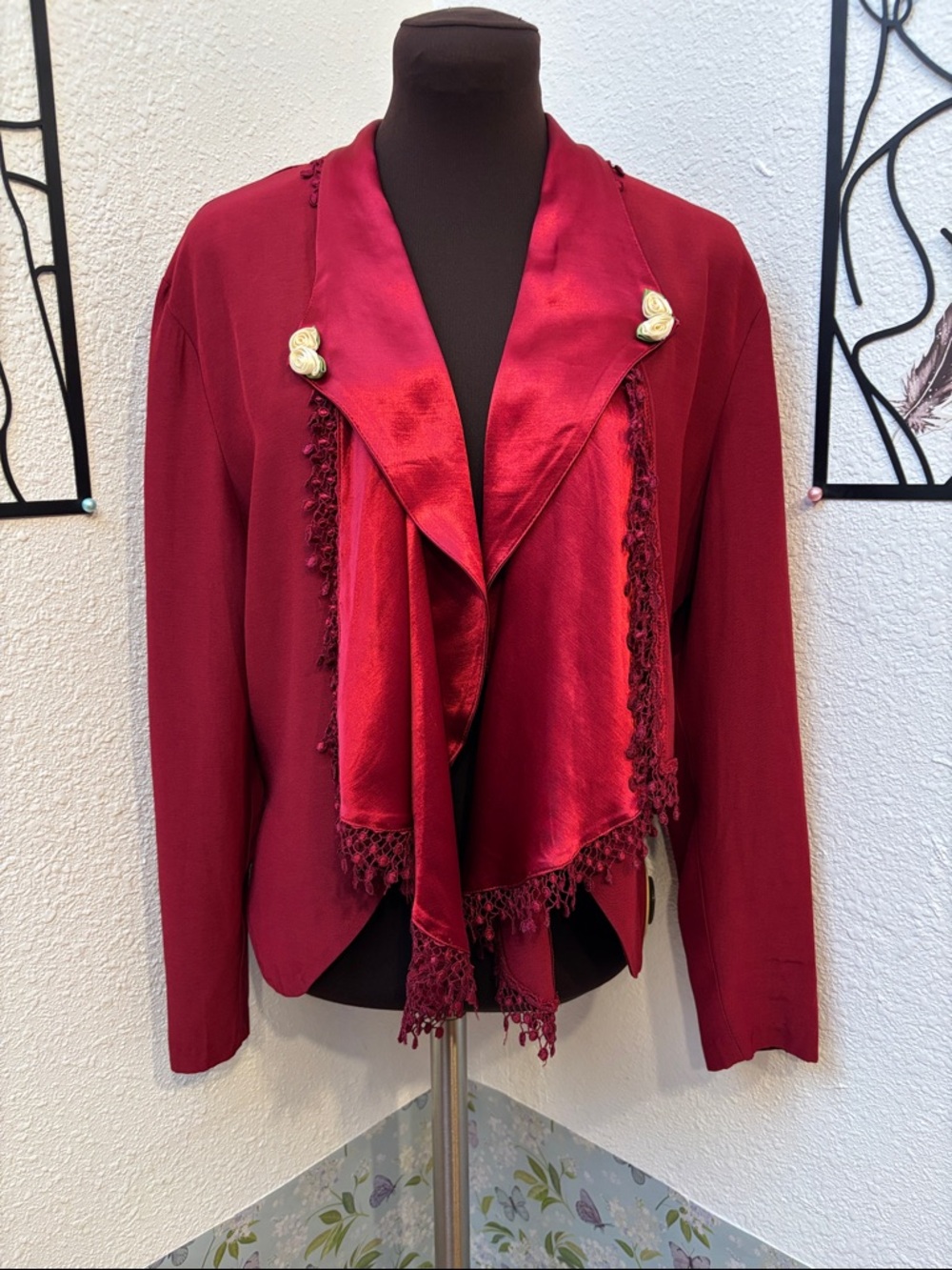 Vintage 1990’s Wild Rose Elegant Red Draped Jacket with Satin Trim. Size 10.